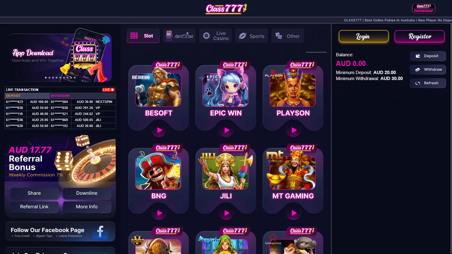 Class 777 Casino home experience on desktop